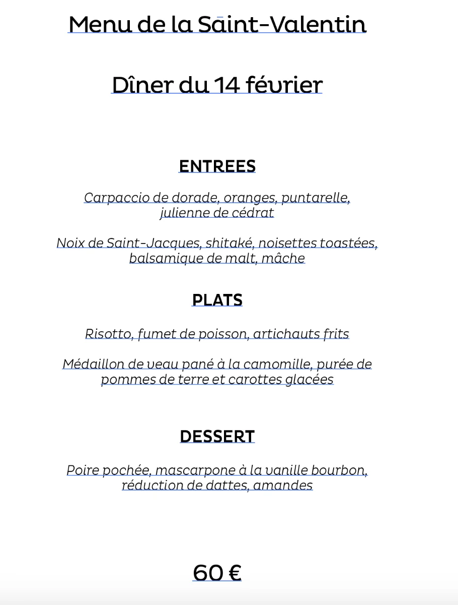 Exemple de menu, Il Bacaro.